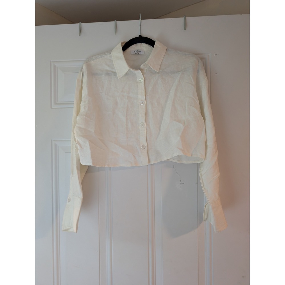 The Workshop White Linen Blend Cropped Button Down Shirt Womens S
